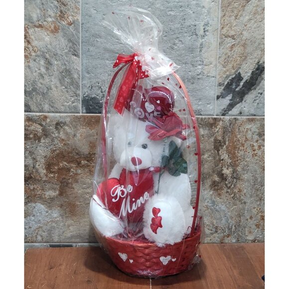 Valentines Day Gift Be Mine Bear Plush Love Heart in Gift Basket Stuffed Animal - Picture 6 of 16
